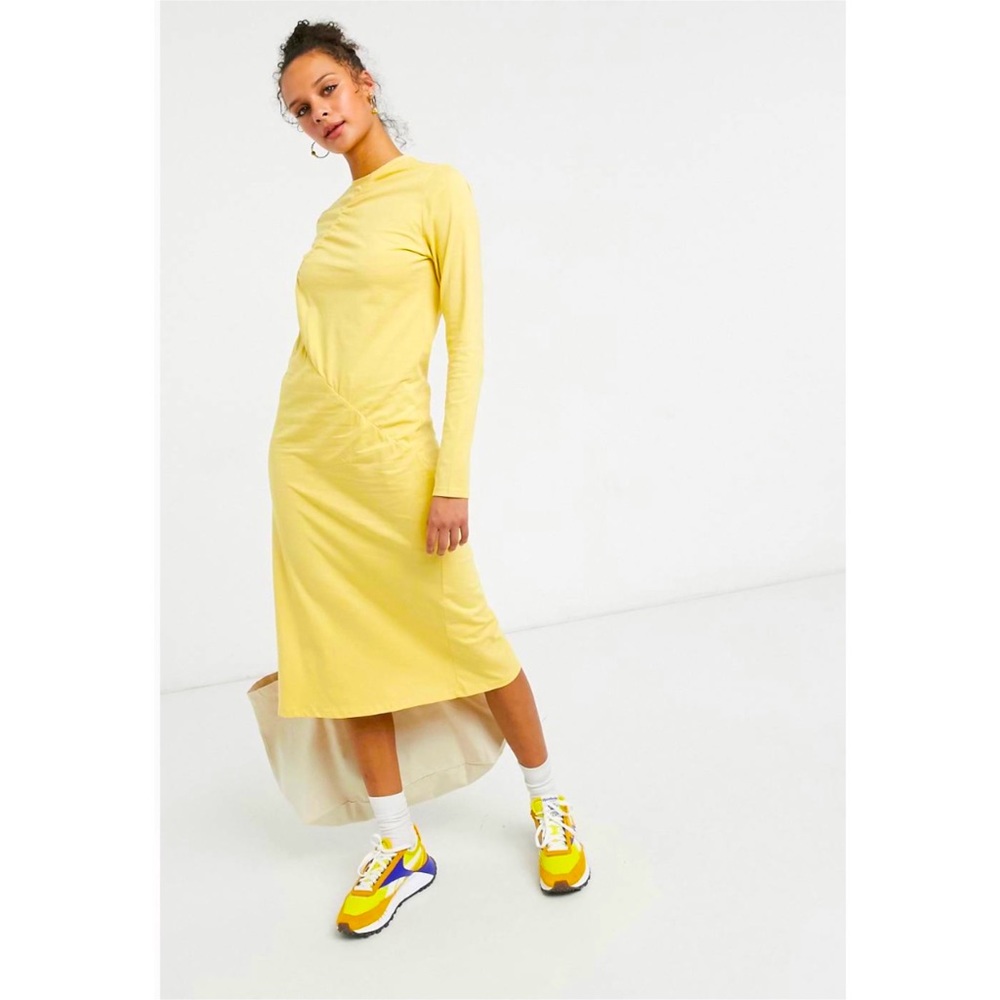 Monki Charla organic cotton long sleeve ruched front midi dress in yellow